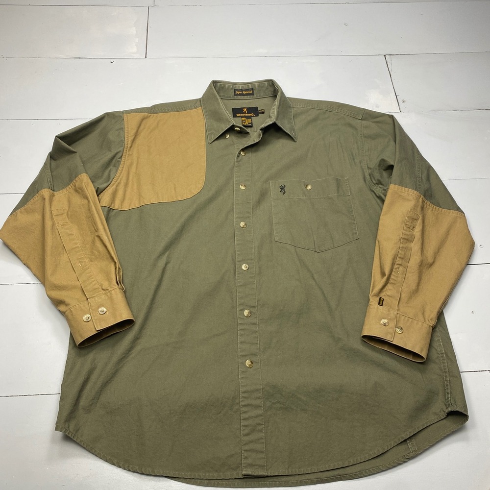 Browning Super Naturals Shooting Shirt Mens XL Green Tan Canvas Hunting Field
